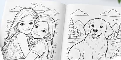 An open coloring book with pages drawn from photos